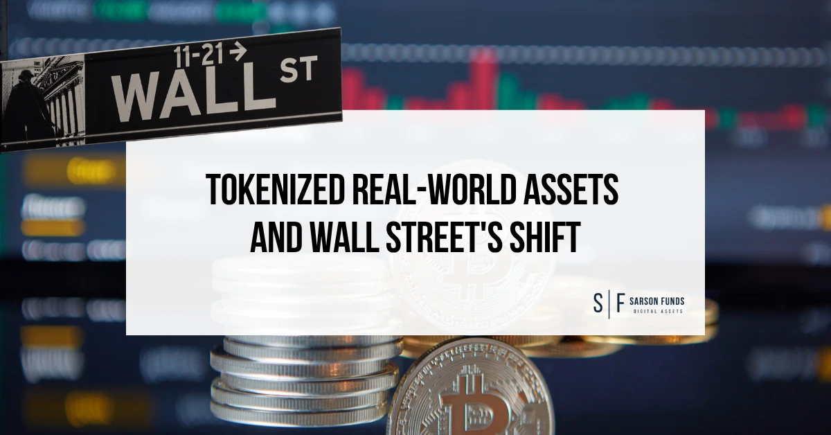 Wall Street sign over cryptocurrency coins and market data with the title “Tokenized Real-World Assets and Wall Street’s Shift”
